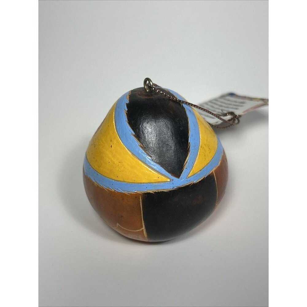 Hand-Painted/Carved South American Yellow &blue Owl Gourd Folk art Ornament - Picture 5 of 8